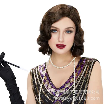 1920-те години, перука с хлопками, перуки за момичета, прически за жени, на вълни коса, къси синтетични перука в стил ретро костюм Гэтсби, колие