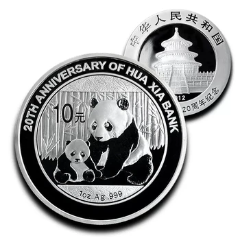 2012 г. 20-годишнина Huaxia Bank/Истинска оригинална сребърна монета с пандой 1 унция Ag.999 10 юана UNC