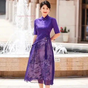 2023 китайското подобряване на рокля ципао ретро чонсам национален цветен принт сетчатое шифоновое източното вечерна рокля ципао vestido