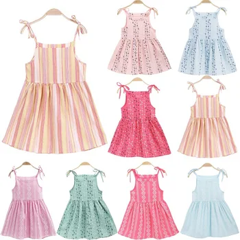 2023 Лятна рокля с джапанки в корейски стил за момичета, детски розова рокля без ръкави с принтом, детско ежедневното принцеса рокля от памук и лен