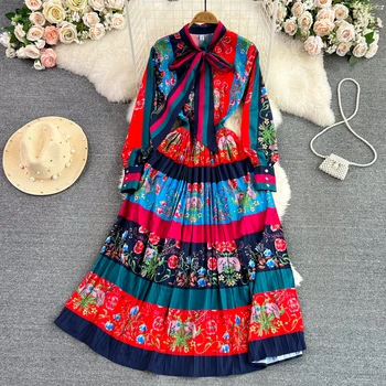 Banulin Женски плиссированное елегантна рокля midi в ивица с кръгло деколте и дълги ръкави и лък с фиксиран шарени и флорални принтом