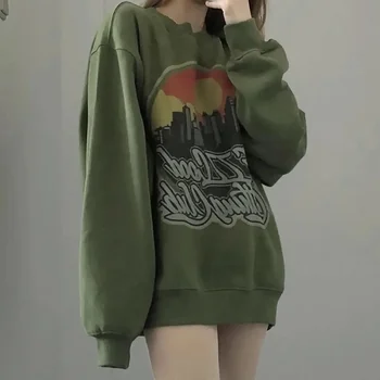 Deeptown, корейски стил, зелена hoody с кръгло деколте, женски ретро пуловер в стил харадзюку с писмото принтом, дамски hoody Y2K в стил хип-хоп, върхове