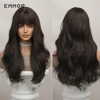Emmor Синтетични перука от тъмно кестени коса с бретон, естествен вълнообразни перука за жени, перуки, изработени от устойчиви на висока температура влакна за cosplay