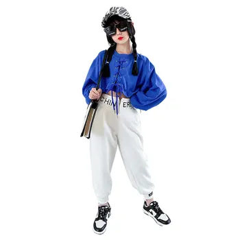 Hoody с завязками за момичета, съкратен топ + панталони, комплект дрехи в стил хип-хоп от две части, детска градинска облекло за танци