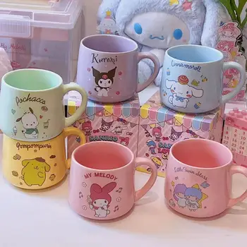 Kawaii Sanrio Керамична чаша за вода Hello Kitty Kuromi Cinnamoroll Мультяшная офис кафеена чаша с каишка и писалка, чаша за мляко за закуска, подаръци