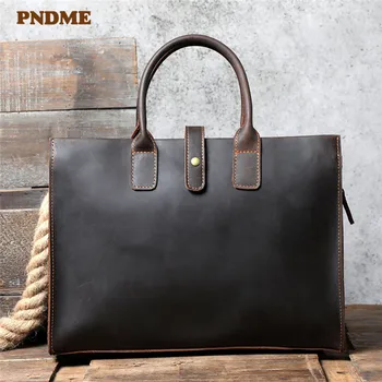 PNDME ретро мъжки женски портфейл от телешка кожа crazy horse, бизнес чанта за лаптоп, лесна чанта-месинджър от естествена кожа през рамо