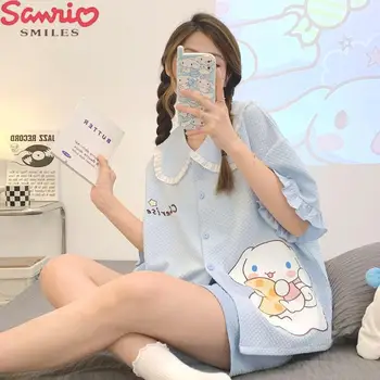 Sanrio Cinnamoroll, нова пижами, дамски лятна памучен тънък с къс ръкав, комплект от две части за дома в най-сладкото стил с анимационни герои Kawaii