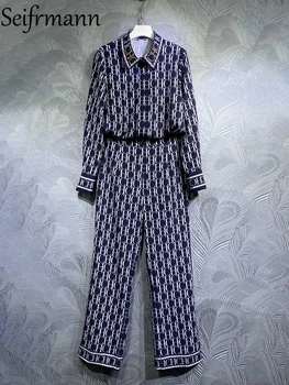 Seifrmann Висококачествени пролетни дамски модни дизайнерски комплекти, панталони с ръкав-фенерче, свободни блузи + дълги панталони с писмото принтом, костюми
