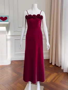 YIGELILA, модно дамско дълга рокля с цвят на червено вино, елегантна вечерна рокля за спагети презрамки, пряко атласное рокля с дължина до пода, империята на 67768