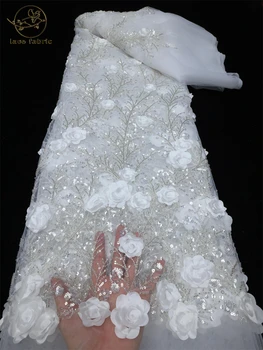 Африканска 3D лейси кърпа 5 ярда 2023 Благородна лейси плат от мъниста, расшитая френски нигерийскими пайети, лейси плат за сватбени партита