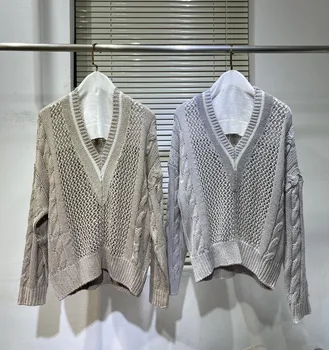 Бельо от естествена коприна 2023 demisezonnyj дизайнер за жени пайети выдалбливают обрат вязаный пуловер елегантен дизайн пуловер с V-образно деколте скок