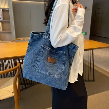 Дамски дънкови чанта с голям капацитет, нова деним чанта-месинджър, холщовая чанта Y2K, студентски еко-чанта, корейски чанти за пазаруване, дамски чанти