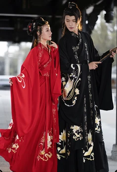 Древен китайски Hanfu за двойки, костюм за cosplay на Хелоуин, рокля за парти, яке Hanfu, червени, черни комплекти за мъже, жени, по-големи размери