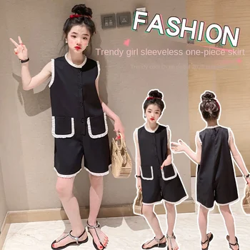 дрехи за момичета, детски летен гащеризон 2023, нов модерен завързана гащеризон в западен стил, ежедневни дантелени шорти