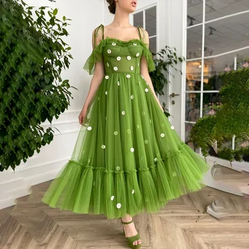 Зелени рокли за бала чаена дължина трапецовидна форма с тънки спагети презрамки, с гънки под формата на слънчоглед, тюлевое вечерна рокля във формата на сърце, рокли за завършилите
