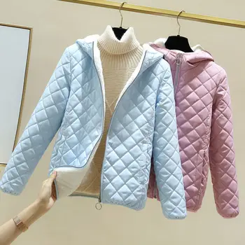 Зимни дамски дрехи 2023, модерно ново памучно палто в клетката на метален цип, с качулка, женски удебелена яке с яка-часова, дебели палта
