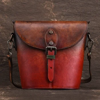 Качествена дамска чанта-месинджър от естествена кожа през рамо, модерен цвят четка, реколта чанта на едно рамо от естествена кожа