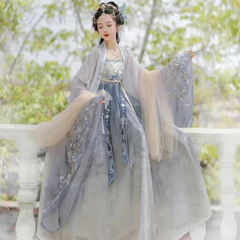 Китайското рокля Hanfu, женски древните традиционни бродирани комплекти Hanfu, кралят костюм на фея за cosplay, зелено синьо танцово рокля Hanfu