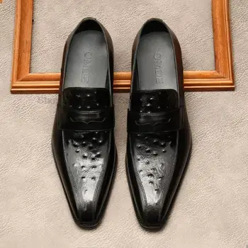 Класически мъжки лоферы с страусиным модел, модел обувки от естествена телешка кожа, двустаен, обзаведен офис ръчно изработени обувки без шнур в италиански стил