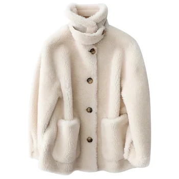 Кожа цельнокроеная яке от овча вълна за жени, зимна къс топ, палто за стригане на овце, дамски връхни дрехи, свободна дебела топло яке-парка
