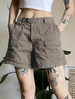 Къси дънкови панталони с прав штанинами, зашити джобове, сиви ежедневни летни къси панталони от деним за жени, реколта Y2K, градинска облекло, стоки