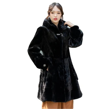 Луксозно палто с качулка от естествена кожа на норка 90 см, есенно-зимни дамски топла горна дреха, палто LF2330JY