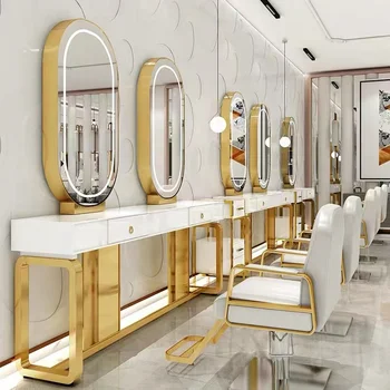Модерен луксозен led шкаф за коса, мебели за салон за красота, огледална фризьорски салон станция за продажба