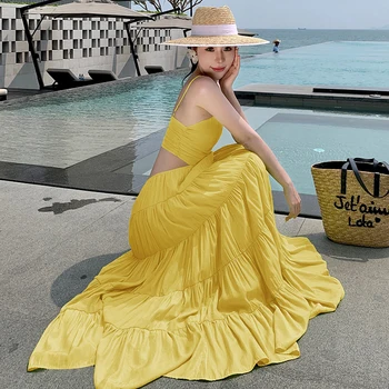 Нови летни рокли-слипы с дупки макси 2023, дамски шик однотонная жълта плажна дълга дрехи, тънък елегантен сарафан за отдих в стил бохо за подиум