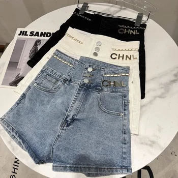 Онлайн знаменитост 2022, пролет, нови, английски букви, украсени обтягивающими еластични трехточечными джинсовыми къси панталони, дамски гамаши Y2k HIGH