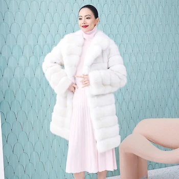 Палто от естествена лисьего кожа, якета за жени 2023, луксозна зимна бяло палто от естествена лисьего козината е със средна дължина