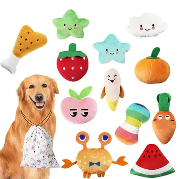 Плюшени играчки за домашни животни, зеленчуци, плодове, мультяшные аксесоари за кучета, здрав чист памук, устойчив на укусам, почистване на зъбите, вокализация, играчки за малки кученца