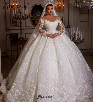 Прекрасна булчинска рокля с дълги ръкави и цветя модел, бродирани с мъниста, бална рокля на принцеса, лъскави сватбени рокли големи размери, направен по поръчка в Дубай