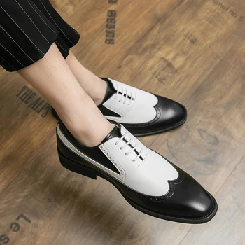 Пролетно черна и бяла кожена обувки за мъже, висококачествени дизайнерски обувки, сватбени модела обувки, бизнес офис лоферы, мъжки обувки mo-12