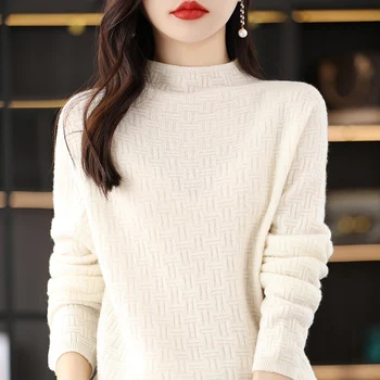 Пуловер от 100% чиста вълна, дамски пуловер, Модерен тънък вълнен вязаный пуловер с дълги ръкави и полувысоким деколте, Топла продажба през пролетта