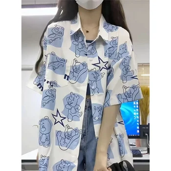 Ризи Дамска блуза с мечка, однобортная проста свободна градинска облекло и интериор в японски стил, модерен популярен женски топ в стил харадзюку, Ins