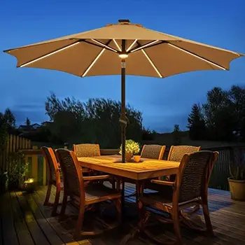 Чадъри, маси LED слънчев чадър 9 ФУТА Подови слънчеви с 16 светлини, подложки LED & светлина епицентъра дейности, алуминиева рамка, устойчивост на избледняване 3 ГОДИНИ