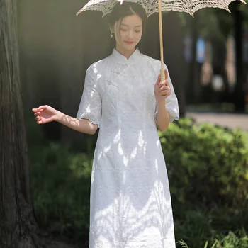 2022 Памучно рокля, китайски традиционни дамски рокли Ципао, бяла обикновена пола с бродерия, елегантни реколта Чонсам