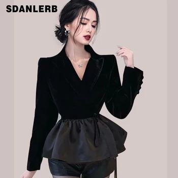 2022 Пролет-есен черно женски блейзър, нов костюм, с V-образно деколте и дълъг ръкав, палта, модерен офис дамски елегантно яке за отслабване в стил мозайка