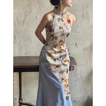 2023 Винтажное бархатное рокля на Русалка с флорални принтом на шията на жената е по-добро модерно лятно секси бална рокля Ципао