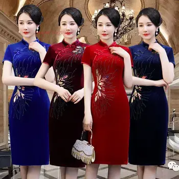 2023 китайското традиционната рокля подобряване на ципао националното цвете на velvet чонсам с пайети източното вечерна рокля за банкет vestido