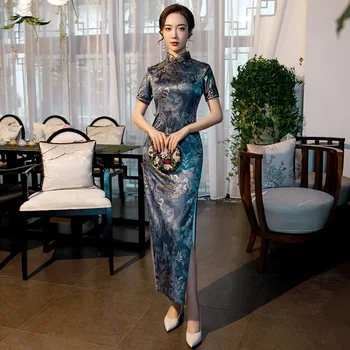 2023-Секси дълга елегантна секси коварен вечерна рокля за пролет / лято шоу-представяне на Рокля с подобрено китайски стил ретро Ципао