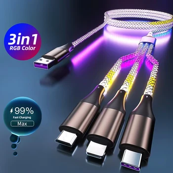3 В 1 RGB Супер бързо кабел Type-C Micro USB зарядно устройство за кабелен поток от Стръмни колоритен светещ линия за предаване на данни за iPhone, Android