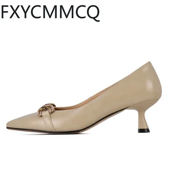 FXYCMMCQ/ Пролетни дамски фини обувки на висок ток (5,5 см) однотонного цветове, Големи размери 32-47, Чубрица обувки с метална катарама и остри пръсти, HG102