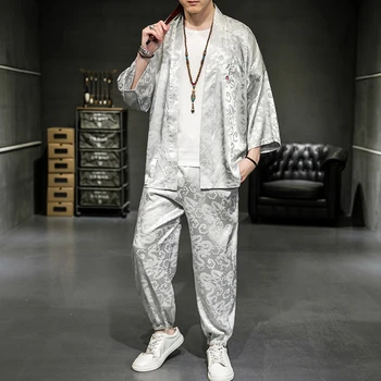 Hanfu Комплект Мъжки коприна жаккардовый жилетка в китайски стил, мъжки дрехи Самурай, мъжка риза, комплект панталон, ретро костюм от епохата на Тан, съвременната мода