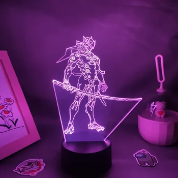 Overwatches OW Детска Фигурка Shimada Genji 3D Неонови Лампи Led RGB Нощни осветителни Тела, Подарък За Рожден Ден на Приятели Настолна Стая Цветна Украса