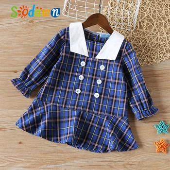 Sodawn, пролет-есен, ежедневна рокля в клетка с дълъг ръкав и ревера, дрехи за момичета, детски дрехи, бебешки дрехи за 3-7 години