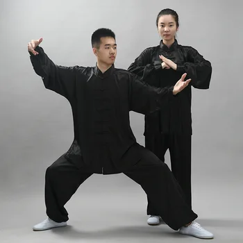 Solredo Комплект униформи на китайския традиционен кунг-фу за жени и мъже, бельо риза, топ, панталони, костюми тай-чи, унисекс, костюм Ханфу, черен цвят