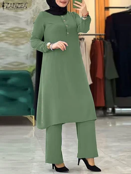 ZANZEA, женски мюсюлмански спортни костюми, 2 броя, блуза с дълъг ръкав и кръгло деколте, широки панталони, обикновена реколта модни комплекти за ислямски дрехи