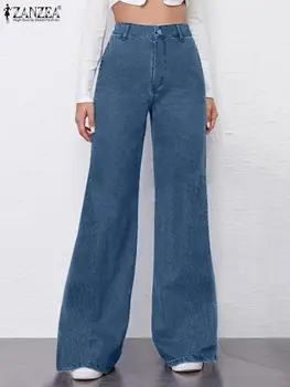 ZANZEA тъмно сини дамски дънки с висока талия, реколта широки дънкови панталони, градинска дрехи, модни широки дънкови панталони в американски стил
