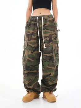 Американски Уличен Камуфляжный гащеризон Y2K с широки штанинами в стил хип-хоп, Камуфлаж в ретро стил, Свободни Ежедневни Панталони С Прав Штанинами, Мъжки и Женски Универсални